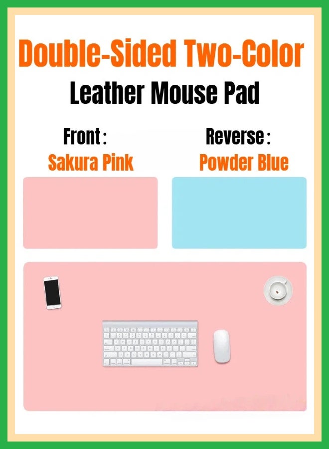 Sakura Pink Powder Blue Double-Sided PU Leather Large Gaming Mouse Pad 900×400mm, Reversible Waterproof Desk Keyboard Mat - Image 1